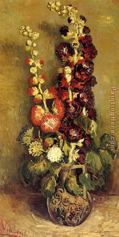 Vase with Hollyhocks painting - Vincent van Gogh Vase with Hollyhocks art painting